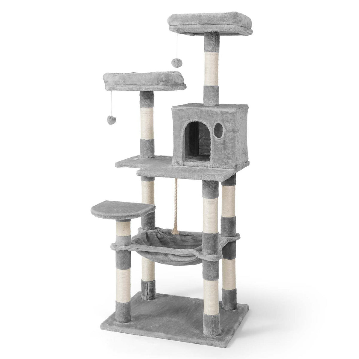 58 in. Light Grey Cat Tower for Indoor Cats, Multi-Level Cat Activity Tree with Scratching Posts, Basket, Cave Condo