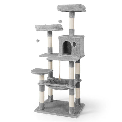 58 in. Light Grey Cat Tower for Indoor Cats, Multi-Level Cat Activity Tree with Scratching Posts, Basket, Cave Condo