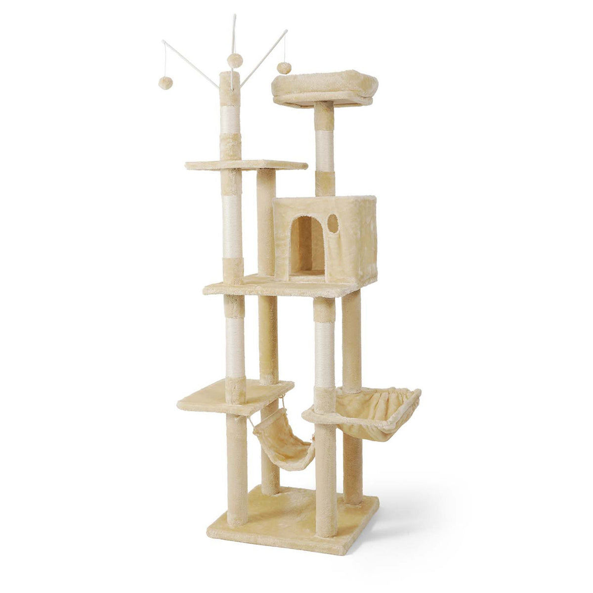 70 in. Beige Cat Tower for Indoor Cats, Multi-Level Cat Activity Tree with Scratching Posts, Basket, Cave Condo