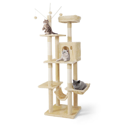 70 in. Beige Cat Tower for Indoor Cats, Multi-Level Cat Activity Tree with Scratching Posts, Basket, Cave Condo