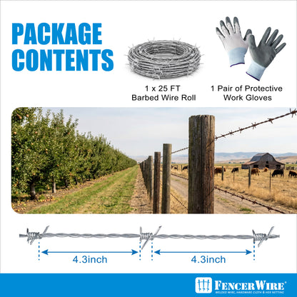 12.5 Gauge 4 Point Galvanized Barbed Wire Fencing with Gloves, Multiple Options