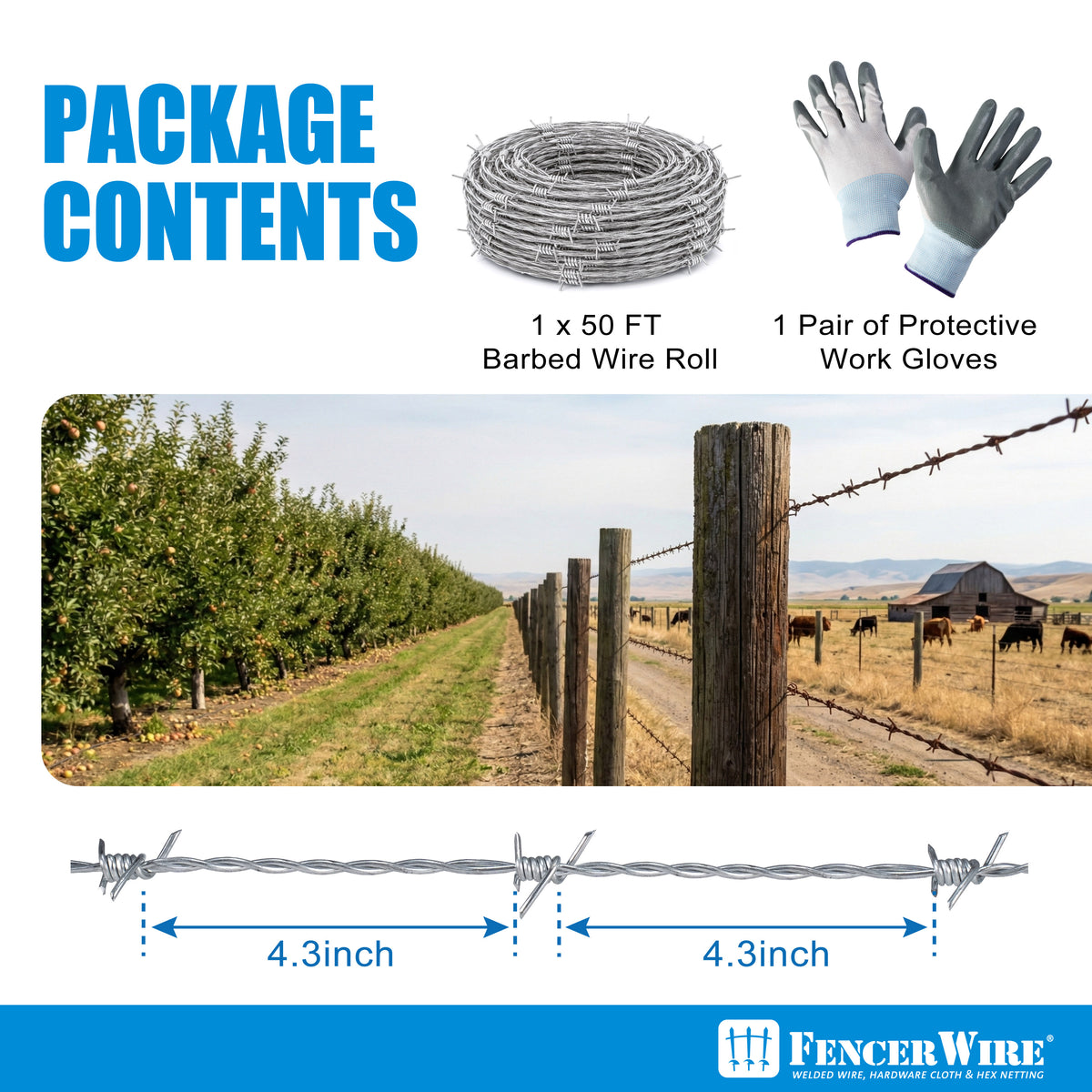 12.5 Gauge 4 Point Galvanized Barbed Wire Fencing with Gloves, Multiple Options