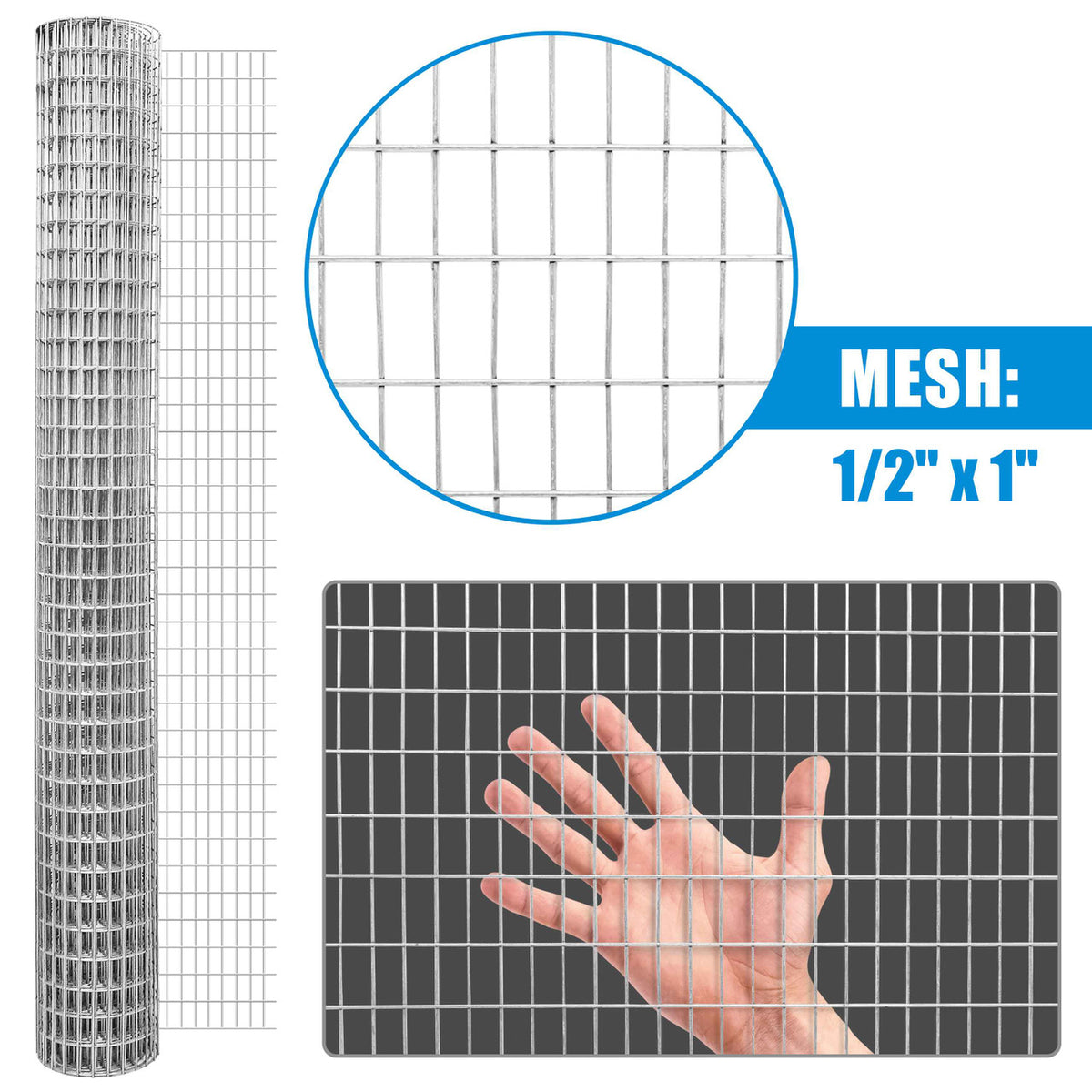 16 Gauge Galvanized Welded Fence Wire with Mesh Size 1" x 1/2", Multiple Size Options