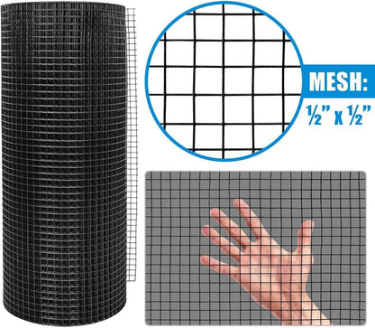19 Gauge Black Vinyl Coated Welded Fence Wire Rolls, Mesh 1/2" X 1/2", Versatile Garden Wire Fencing, Multiple Size Options