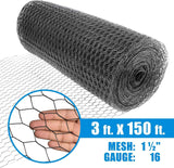16 Gauge Black Vinyl Coated Hex / Poultry Netting Mesh 1.5" (3 ft. x 150 ft.)