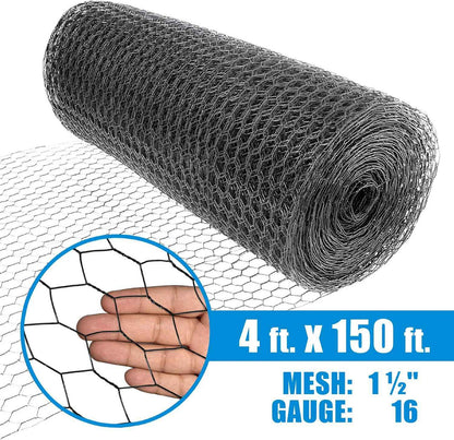 16 Gauge Black Vinyl Coated Hex / Poultry Netting Mesh 1.5" (4 ft. x 150 ft.)