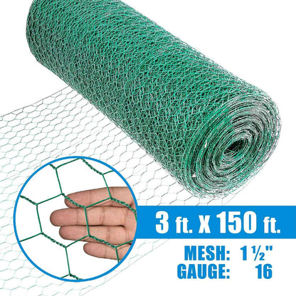 16 Gauge Green Vinyl Coated Hex / Poultry Netting Mesh 1.5" (3 ft. x 150 ft.)