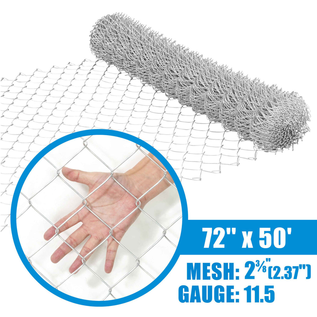 11.5 Gauge Galvanized Steel Chain Link Fence Fabric, Diamond Mesh Size 2-3/8 Inch, Multiple Options
