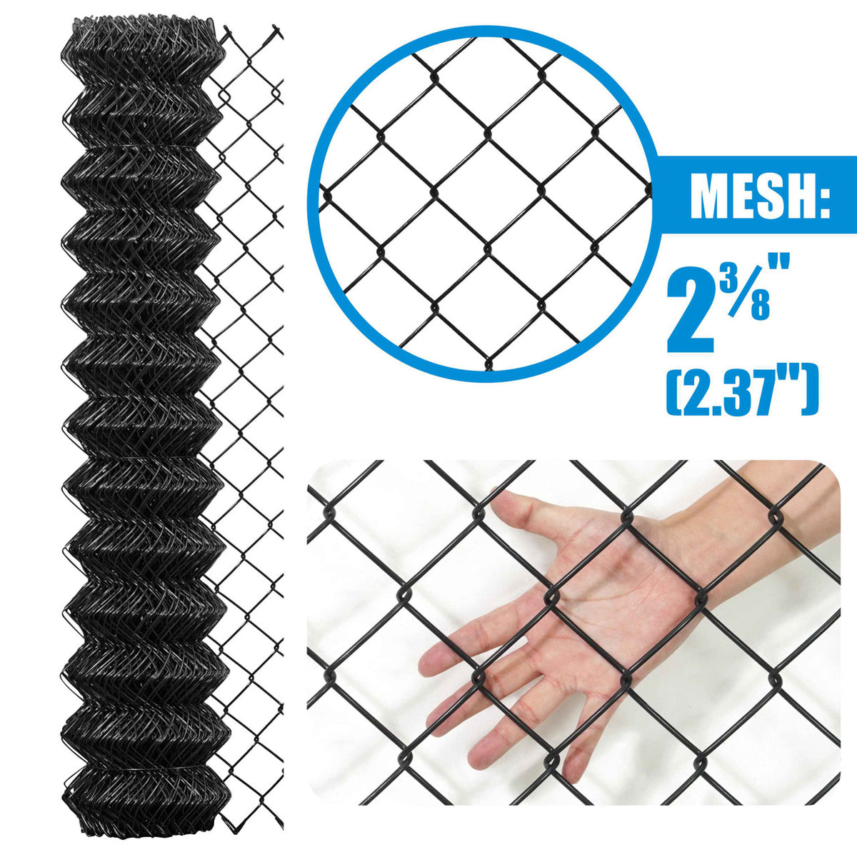 9 Gauge Black Vinyl Coated Galvanized Steel Chain Link Fence Fabric, Diamond Mesh Size 2-3/8 Inch, Multiple Options