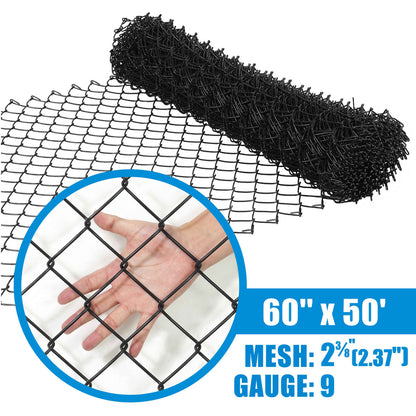 9 Gauge Black Vinyl Coated Galvanized Steel Chain Link Fence Fabric, Diamond Mesh Size 2-3/8 Inch, Multiple Options
