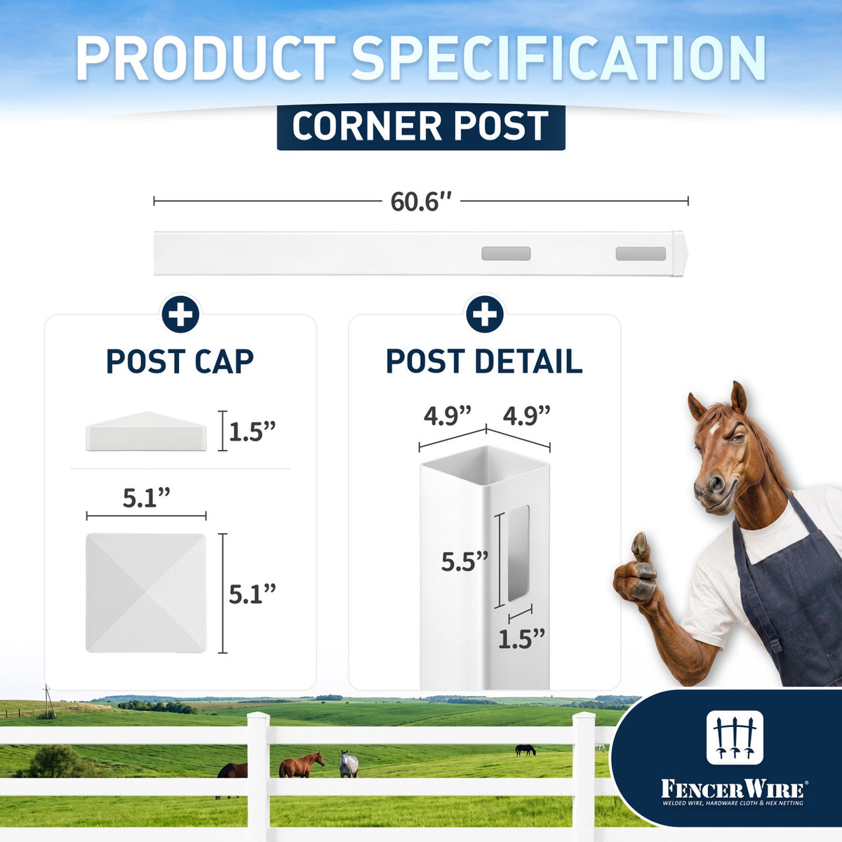 5ft Vinyl Ranch Corner Post with Cap, Multiple Options