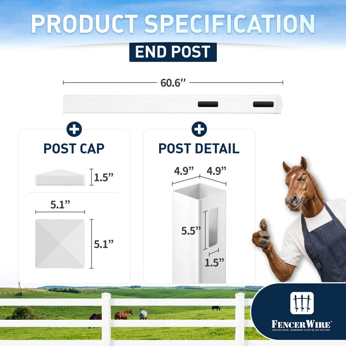 5ft Vinyl Ranch End Post with Cap, Multiple Options