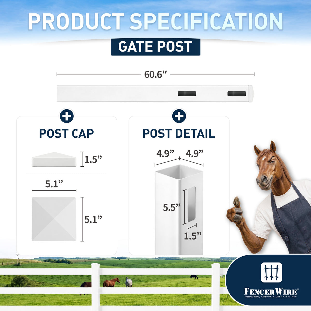 Vinyl Ranch Gate Post with Aluminum Core and Post Cap, Multiple Options
