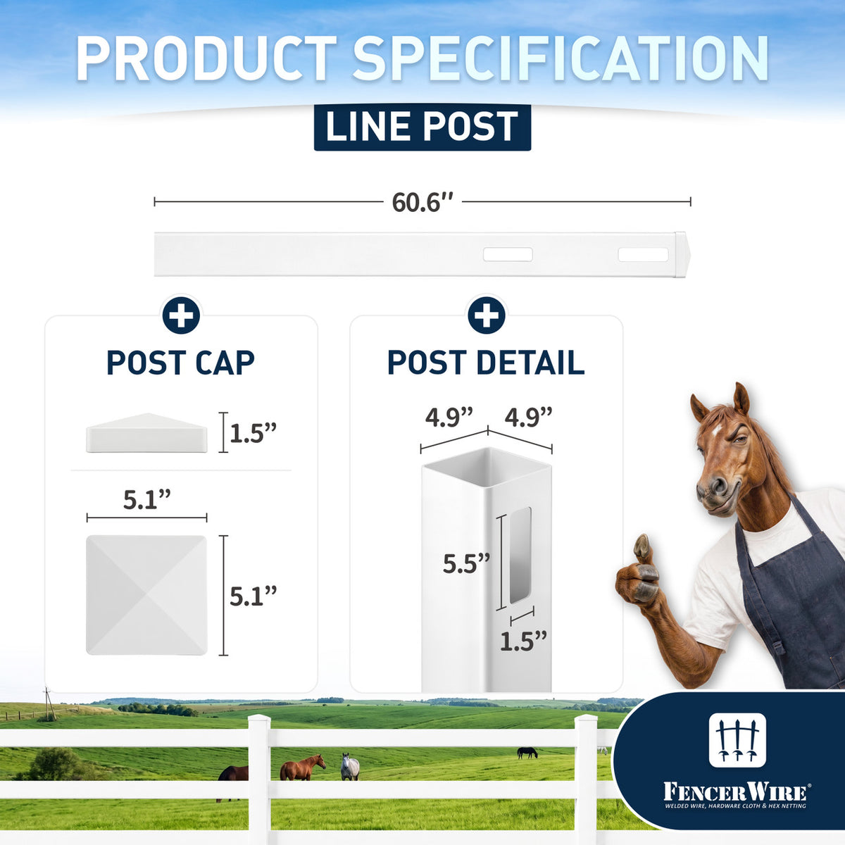 5ft Vinyl Ranch Line Post with Cap, Multiple Options