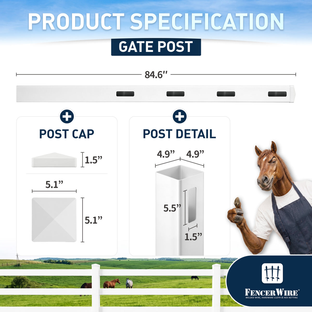Vinyl Ranch Gate Post with Aluminum Core and Post Cap, Multiple Options