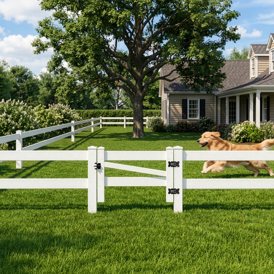 2-Rail Vinyl Ranch Fence Kit with 3ft H x 4ft W Gate, 5ft Posts & 8ft Rails, Multiple Options