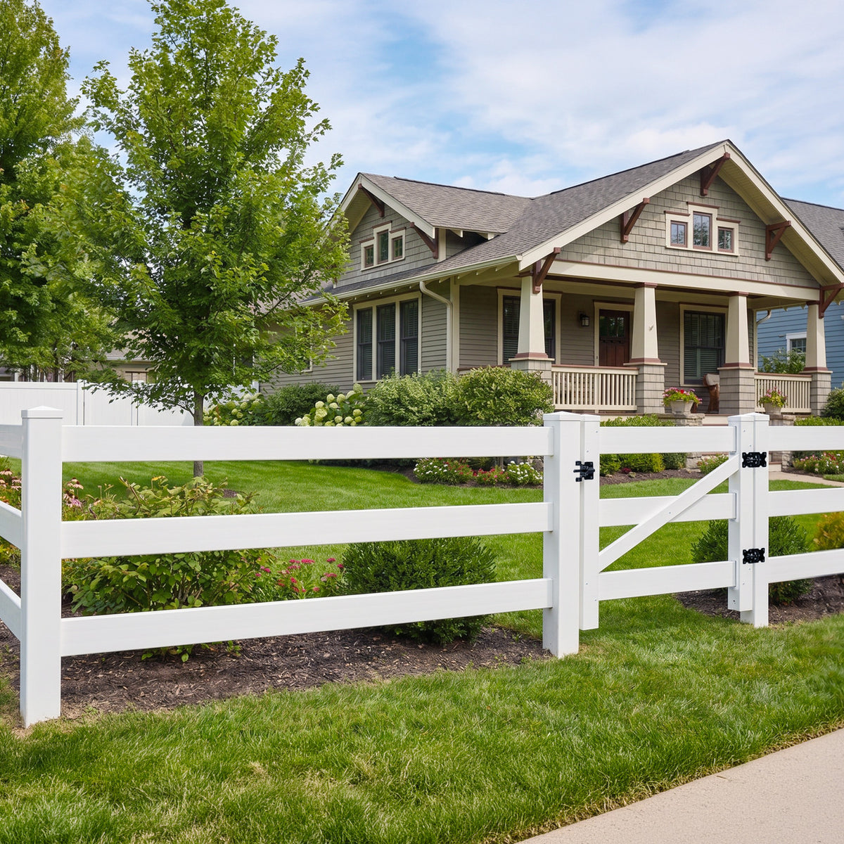 3-Rail Vinyl Ranch Fence Kit with 4ft H x 4ft W Gate, 6ft Posts & 8ft Rails, Multiple Options