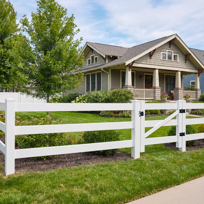 3-Rail Vinyl Ranch Fence Kit with 4ft H x 4ft W Gate, 6ft Posts & 8ft Rails, Multiple Options