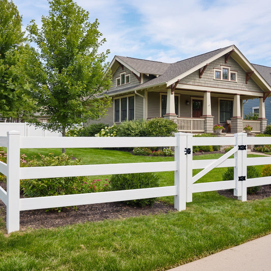 3-Rail Vinyl Ranch Fence Kit with 4ft H x 4ft W Gate, 6ft Posts & 8ft Rails, Multiple Options