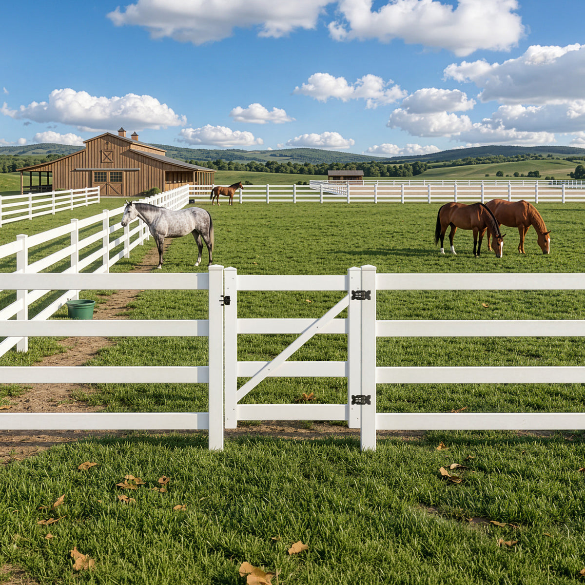 4-Rail Vinyl Ranch Fence Kit with 5ft H x 4ft W Gate, 7ft Posts & 8ft Rails, Multiple Options