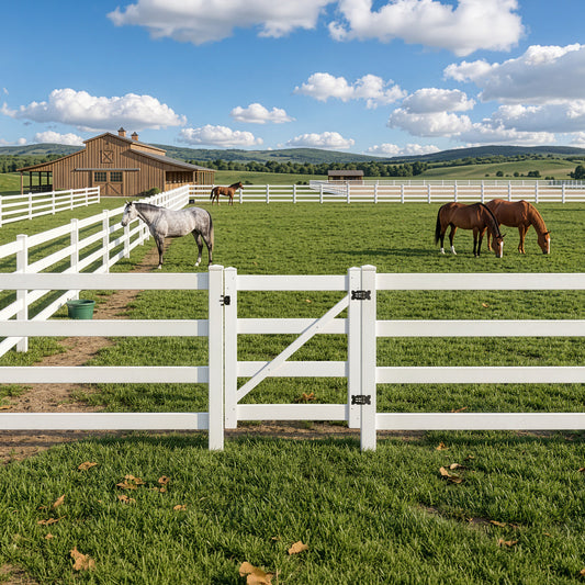 4-Rail Vinyl Ranch Fence Kit with 5ft H x 4ft W Gate, 7ft Posts & 8ft Rails, Multiple Options