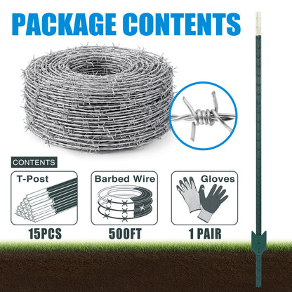 15-Gauge 500 FT Galvanized 4-Point Barbed Wire with 15 pcs 7 ft T-Posts and Gloves