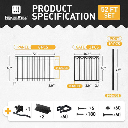 Heavy Duty Flat Top Fence Barrier Kit with 4FT Height X 6FT Width Panels, Decorative Gate, Posts & Connectors, Multi-options