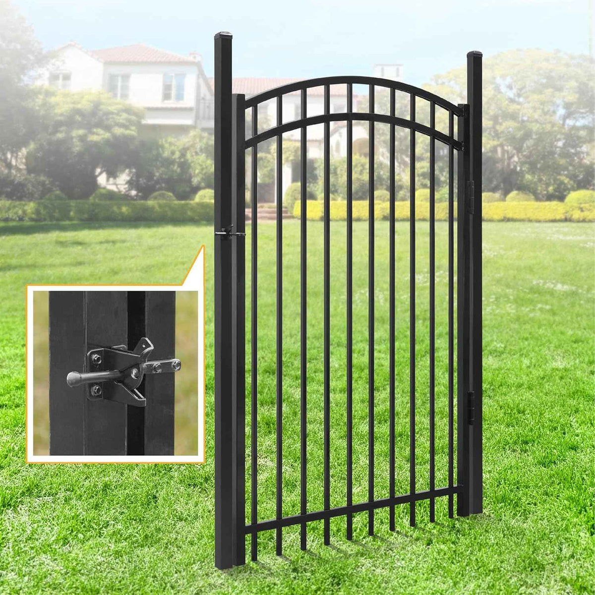 Heavy Duty Flat Top Fence Barrier Kit with 6FT Height X 6FT Width Panels, Arched Gate, Posts & Connectors, Multi-options
