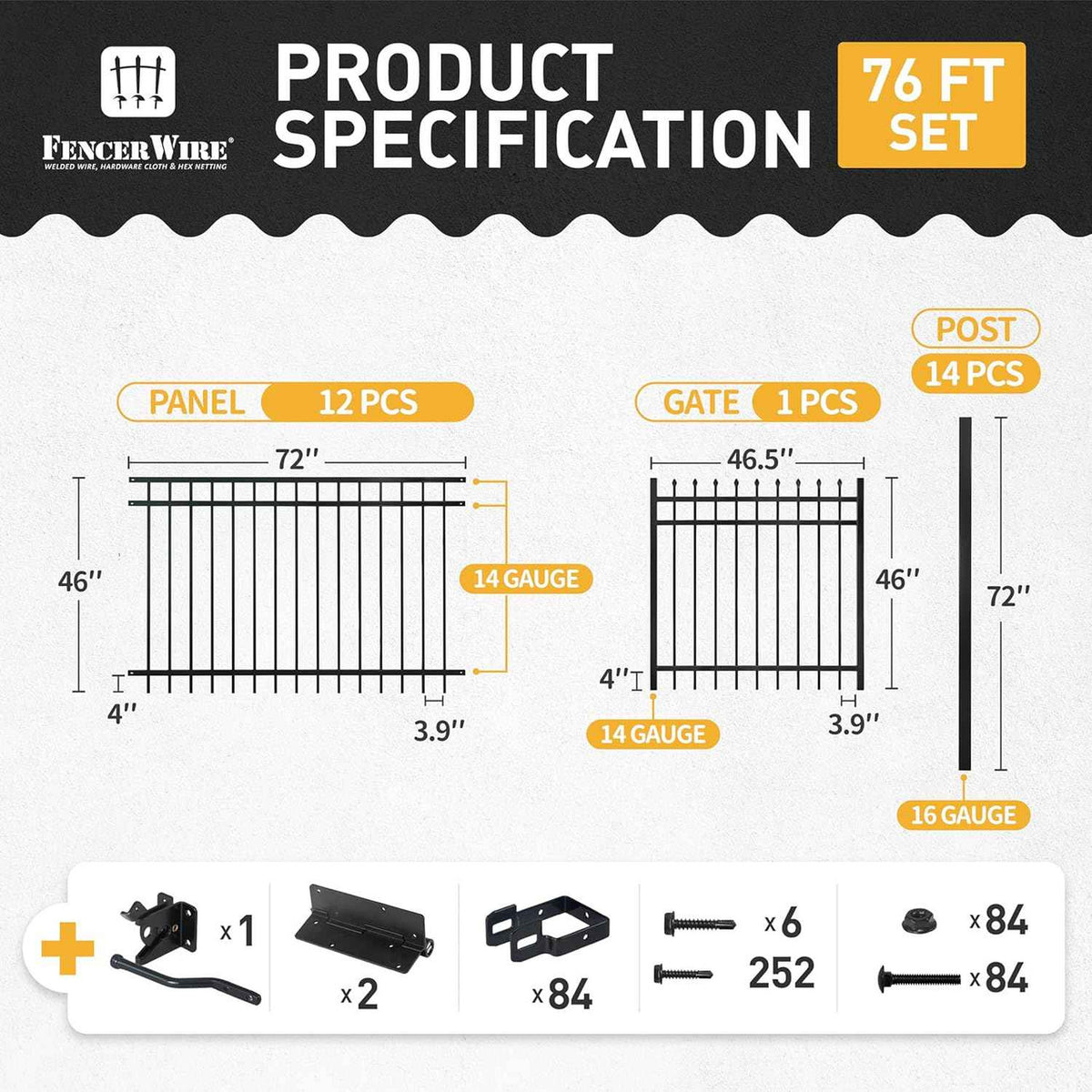 Heavy Duty Flat Top Fence Barrier Kit with 4FT Height X 6FT Width Panels, Pinnacle Gate, Posts & Connectors, Multi-options