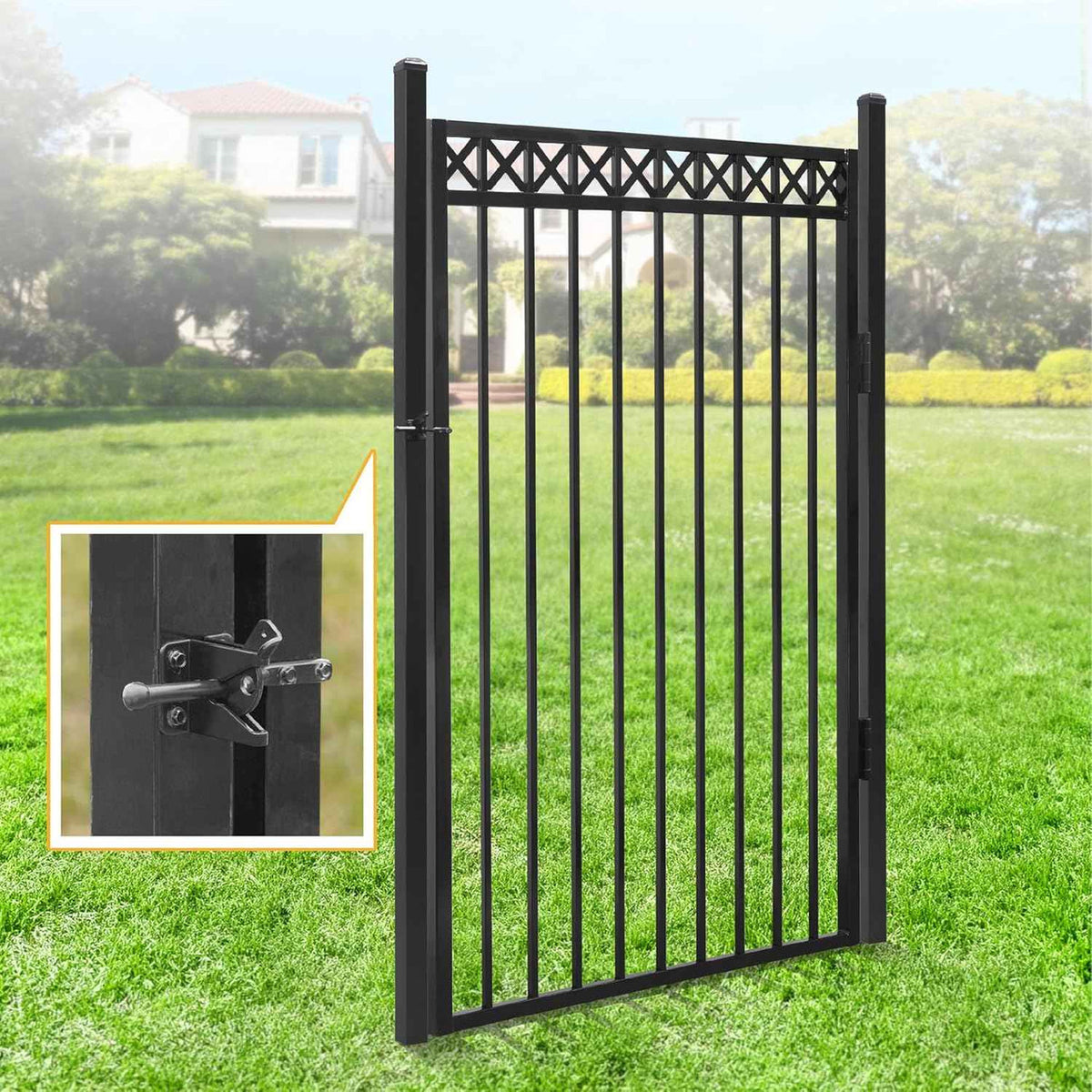 Heavy Duty Flat Top Fence Barrier Kit with 6FT Height X 8FT Width Panels, Decorative Gate, Posts & Connectors, Multi-options