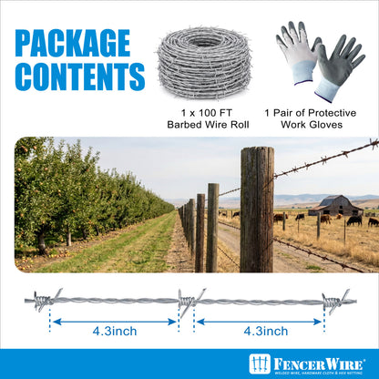12.5 Gauge 4 Point Galvanized Barbed Wire Fencing with Gloves, Multiple Options
