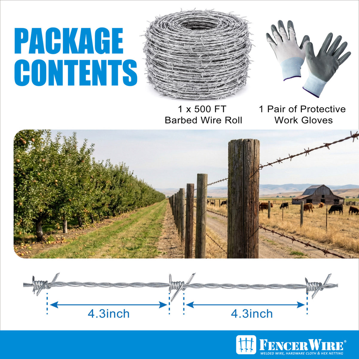12.5 Gauge 4 Point Galvanized Barbed Wire Fencing with Gloves, Multiple Options