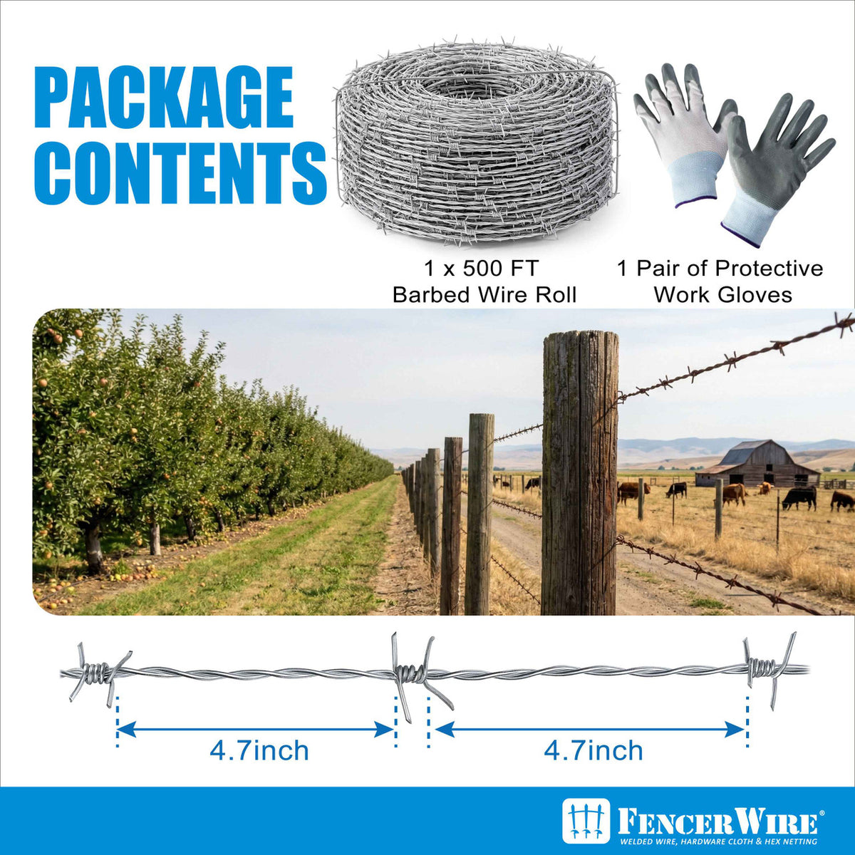 4 Point Barbed Wire with Gloves, 15 Gauge Galvanized Barb Craft Wire, Barb Wire Roll for Fencing, Crafts, Critter Deterrent, Yard and Garden