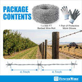 4 Point Barbed Wire with Gloves, 15 Gauge Galvanized Barb Craft Wire, Barb Wire Roll for Fencing, Crafts, Critter Deterrent, Yard and Garden