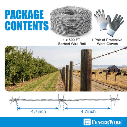 4 Point Barbed Wire with Gloves, 15 Gauge Galvanized Barb Craft Wire, Barb Wire Roll for Fencing, Crafts, Critter Deterrent, Yard and Garden