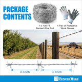 4 Point Barbed Wire with Gloves, 15 Gauge Galvanized Barb Craft Wire, Barb Wire Roll for Fencing, Crafts, Critter Deterrent, Yard and Garden