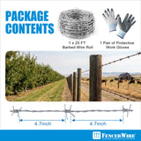 4 Point Barbed Wire with Gloves, 15 Gauge Galvanized Barb Craft Wire, Barb Wire Roll for Fencing, Crafts, Critter Deterrent, Yard and Garden