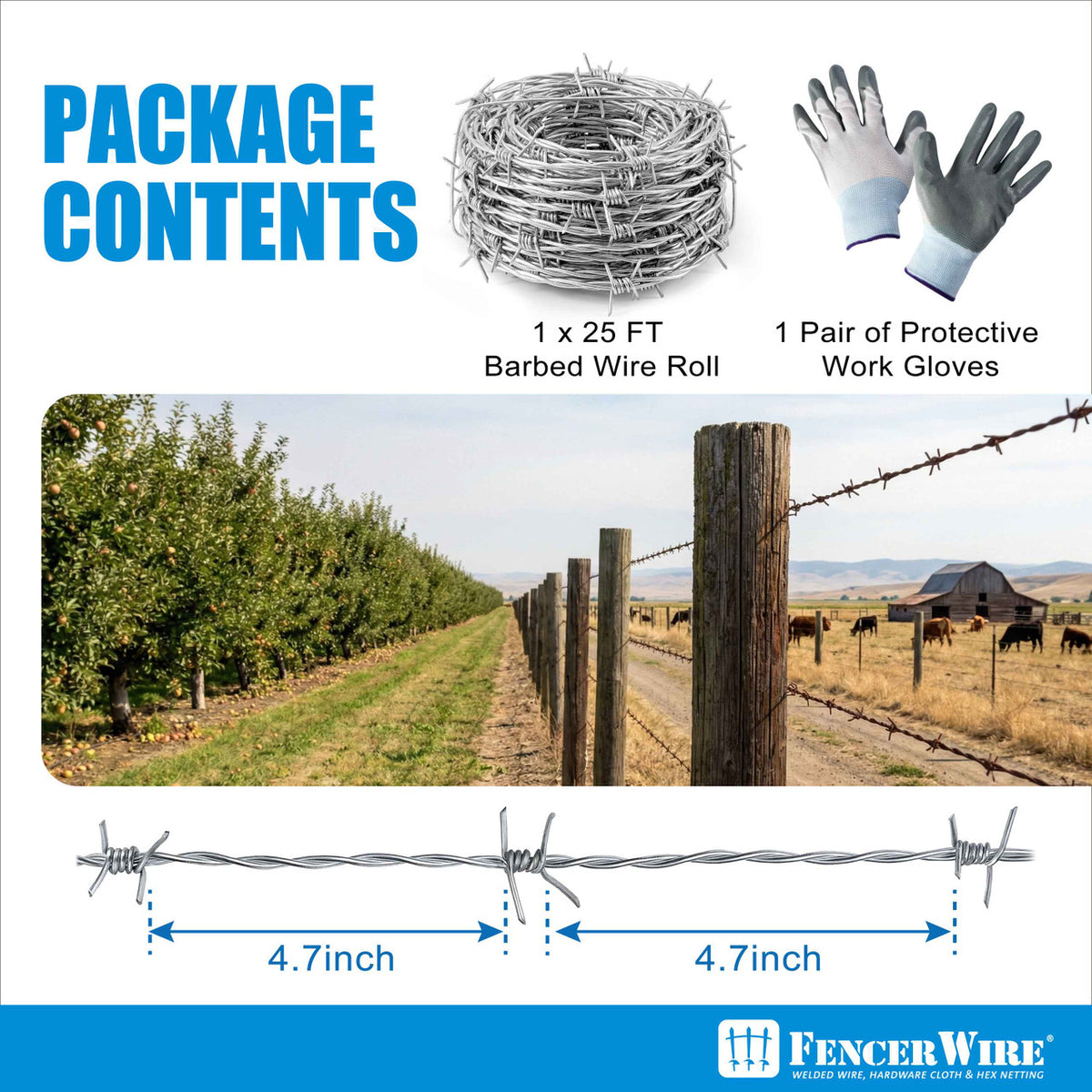 4 Point Barbed Wire with Gloves, 15 Gauge Galvanized Barb Craft Wire, Barb Wire Roll for Fencing, Crafts, Critter Deterrent, Yard and Garden
