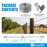 4 Point Barbed Wire with Gloves, 15 Gauge Galvanized Barb Craft Wire, Barb Wire Roll for Fencing, Crafts, Critter Deterrent, Yard and Garden