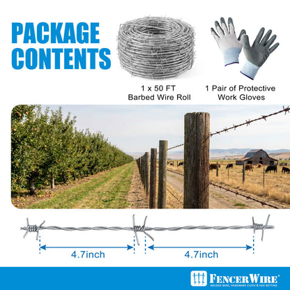 4 Point Barbed Wire with Gloves, 15 Gauge Galvanized Barb Craft Wire, Barb Wire Roll for Fencing, Crafts, Critter Deterrent, Yard and Garden