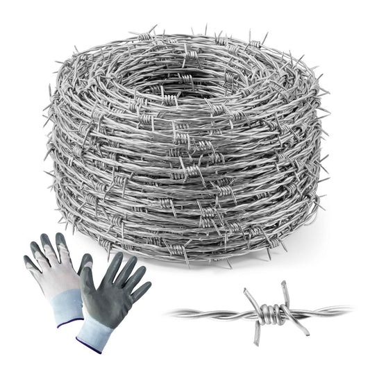 4 Point Barbed Wire with Gloves, 15 Gauge Galvanized Barb Craft Wire for Fencing, Crafts, Critter Deterrent, Yard and Garden