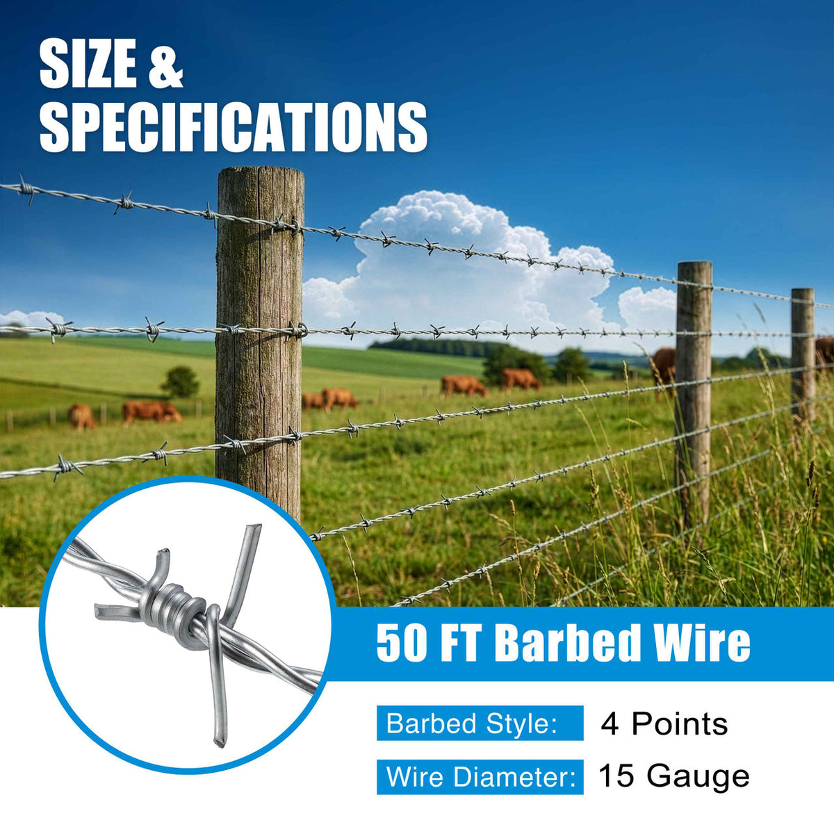 4 Point Barbed Wire with Gloves, 15 Gauge Galvanized Barb Craft Wire for Fencing, Crafts, Critter Deterrent, Yard and Garden