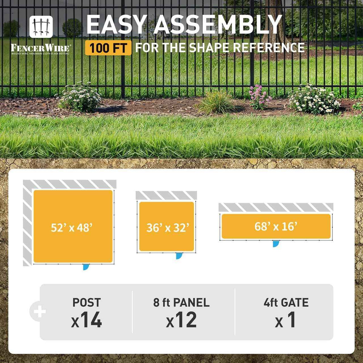 Heavy Duty Flat Top Fence Barrier Kit with 4FT Height X 8FT Width Panels, Arched Gate, Posts & Connectors, Multi-options