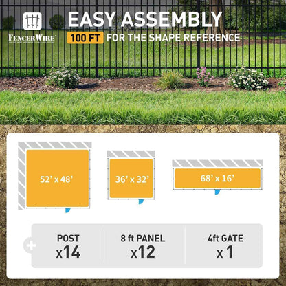 Heavy Duty Flat Top Fence Barrier Kit with 4FT Height X 8FT Width Panels, Arched Gate, Posts & Connectors, Multi-options