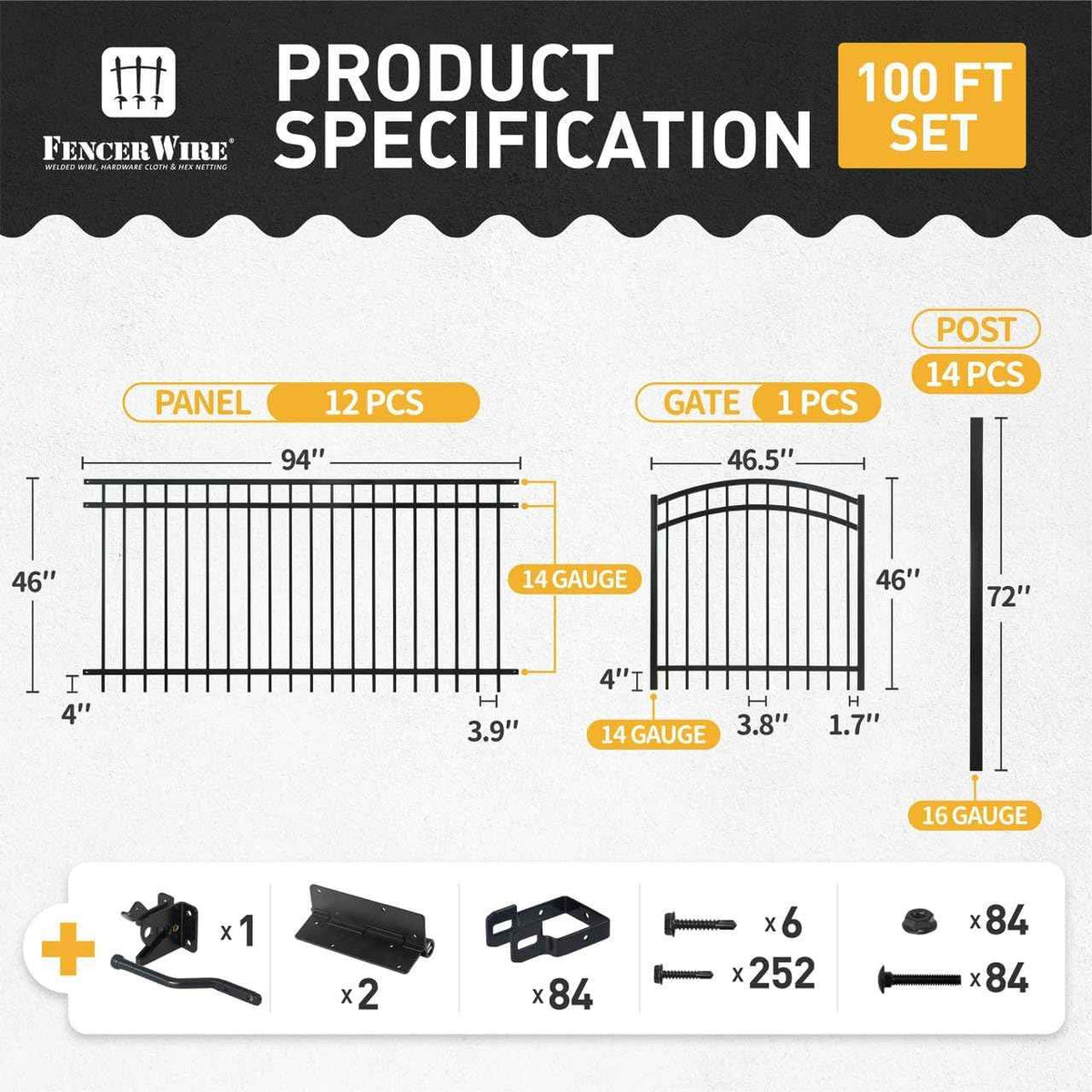 Heavy Duty Flat Top Fence Barrier Kit with 4FT Height X 8FT Width Panels, Arched Gate, Posts & Connectors, Multi-options