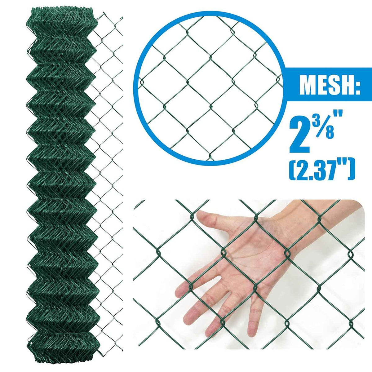 9 Gauge Green Vinyl Coated Galvanized Steel Chain Link Fence Fabric, Diamond Mesh Size 2-3/8 Inch, Multiple Options