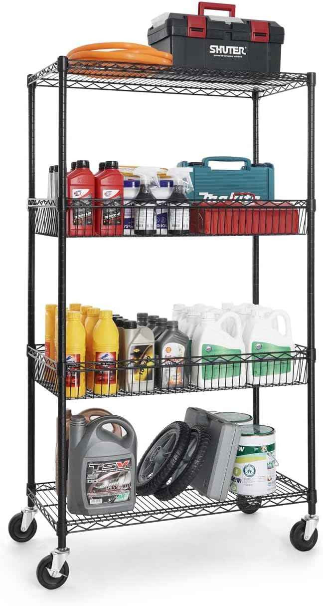 36 x 18 x 76 in. 4 Tier NSF Commercial Heavy Duty w/ Two Rectangle Baskets, Black