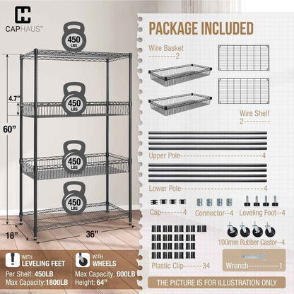 36 x 18 x 76 in. 4 Tier NSF Commercial Heavy Duty w/ Two Rectangle Baskets, Black
