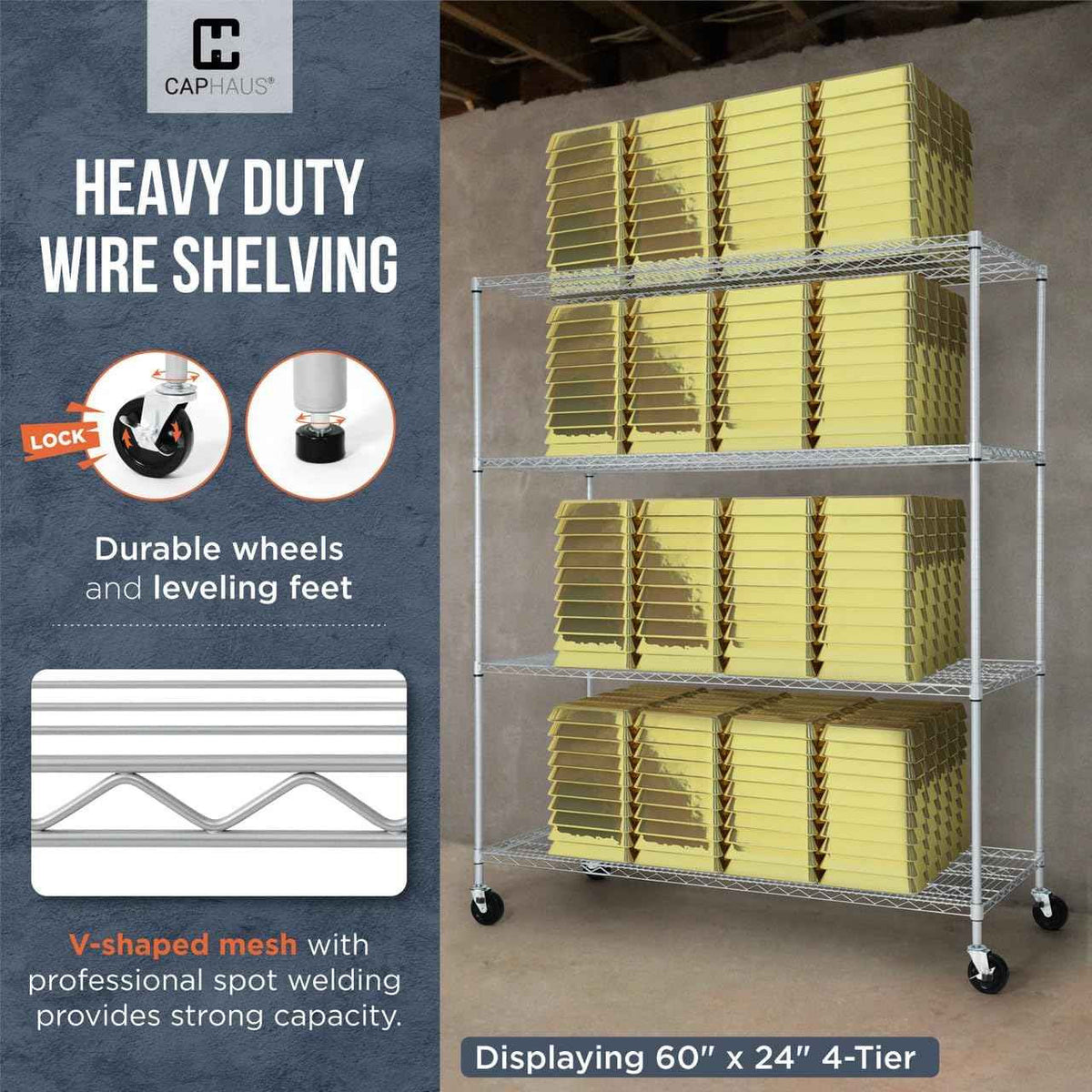 36 x 18 x 76 in. 4-Tier NSF Commercial Grade Heavy Duty Silver Grey Wire Shelving w/Wheels