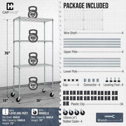36 x 18 x 76 in. 4-Tier NSF Commercial Grade Heavy Duty Silver Grey Wire Shelving w/Wheels